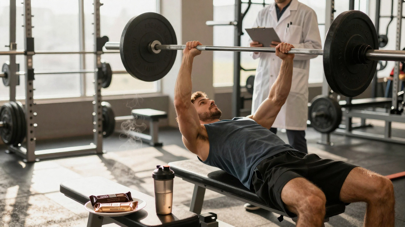 Mann trainiert Bankdrücken im Fitnessstudio, im Hintergrund steht eine Person im weißen Kittel mit Tablet.