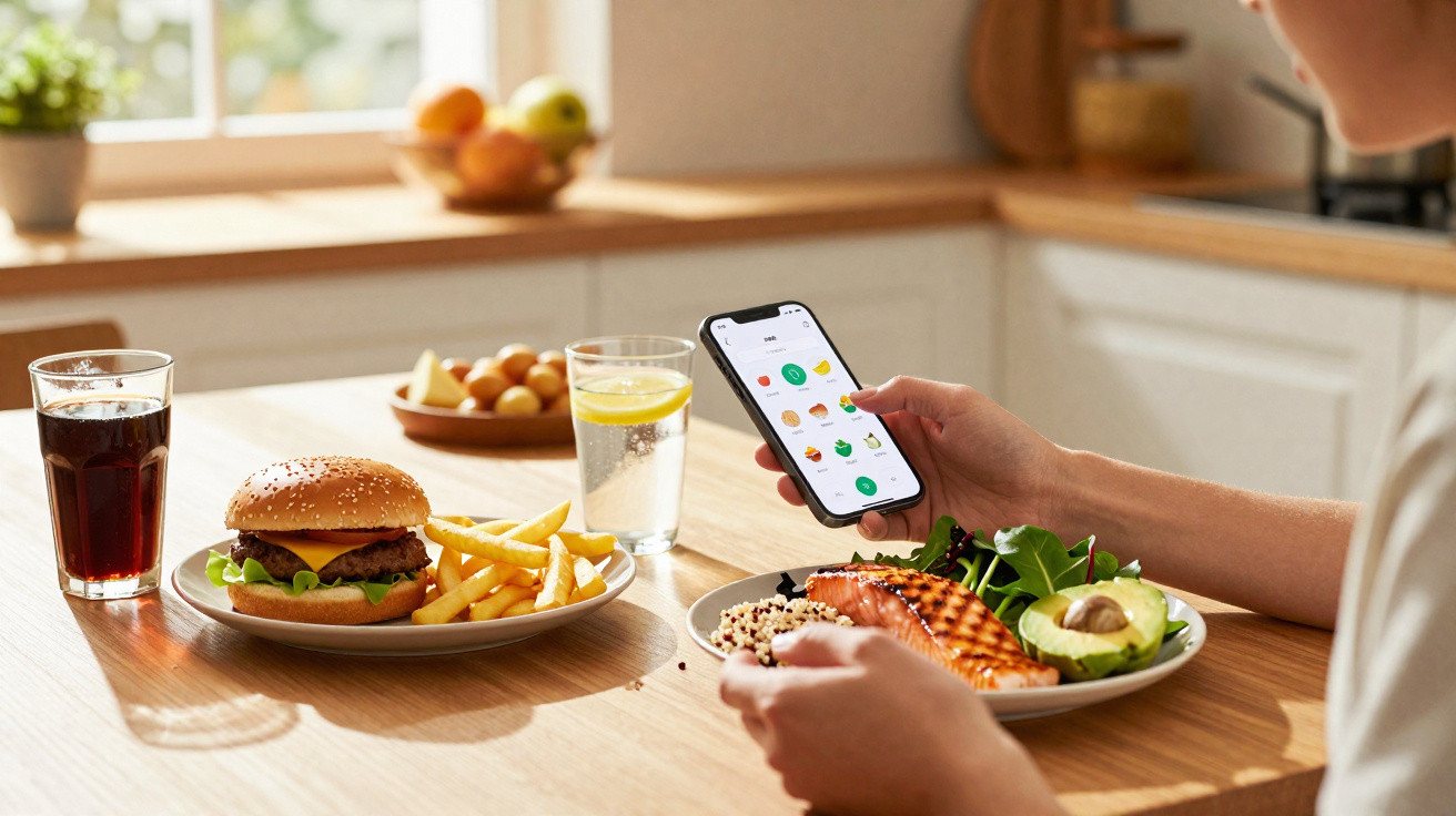 Person hält Smartphone, daneben Teller mit Lachs, Salat und Avocado, dazu Burger, Pommes und Getränke auf dem Tisch.