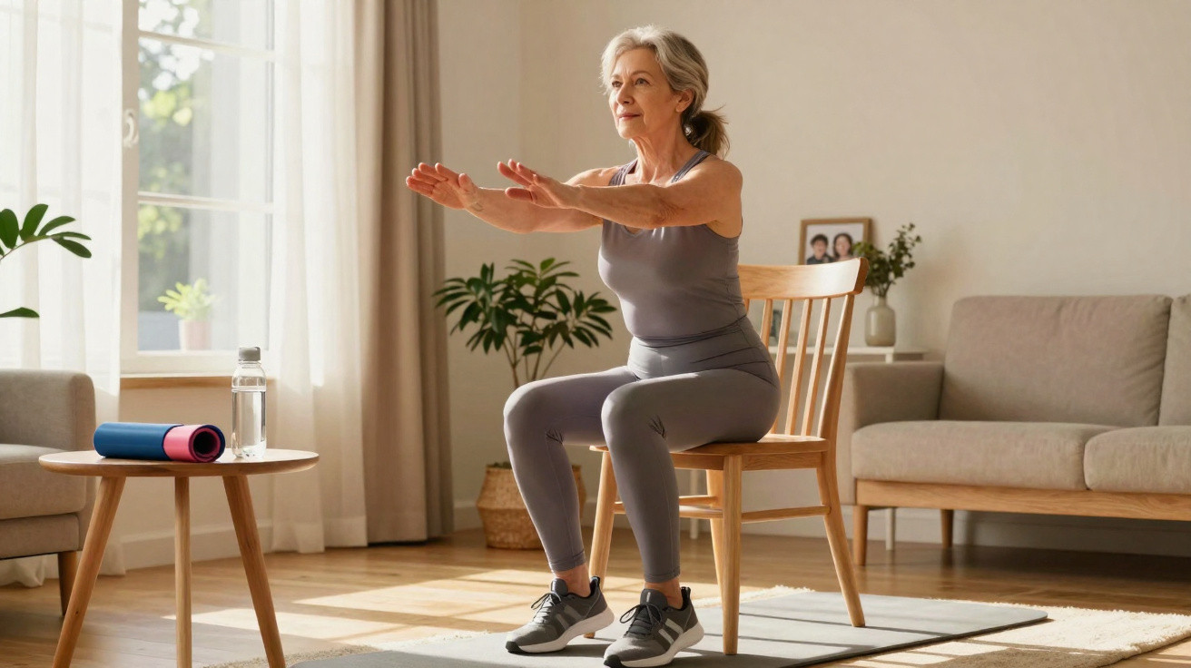 Ältere Frau macht Zuhause auf einem Stuhl sitzende Fitnessübungen in hellem Wohnzimmer.