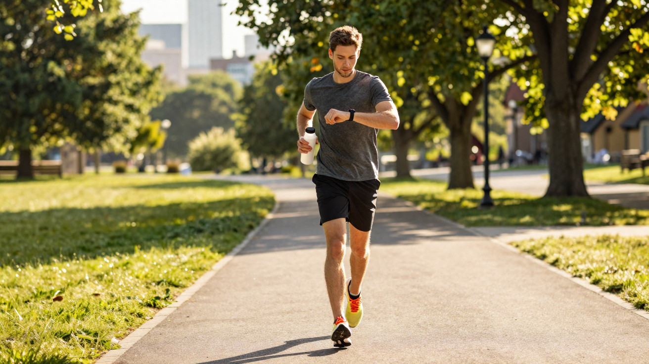 Mann joggt im Park, schaut auf Smartwatch, trägt Sportkleidung und hält eine Wasserflasche in der Hand.