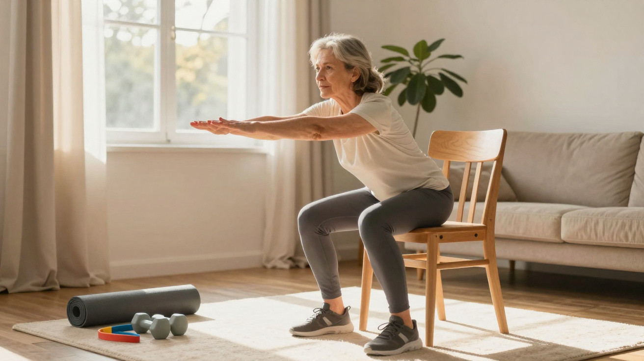 Ältere Frau macht Sit-to-Stand-Übung mit Stuhl im hellen Wohnzimmer, Fitnessmatte und Hanteln auf dem Boden.