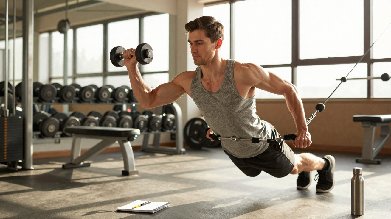 Mann macht Krafttraining mit Kurzhantel und Kabelzug im Fitnessstudio, umgeben von Hanteln und Fenstern.