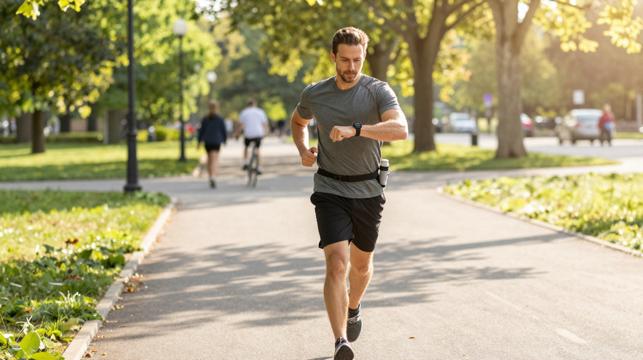 Mann joggt im Park und schaut auf seine Sportuhr, sonniger Tag mit Bäumen und Spaziergängern.