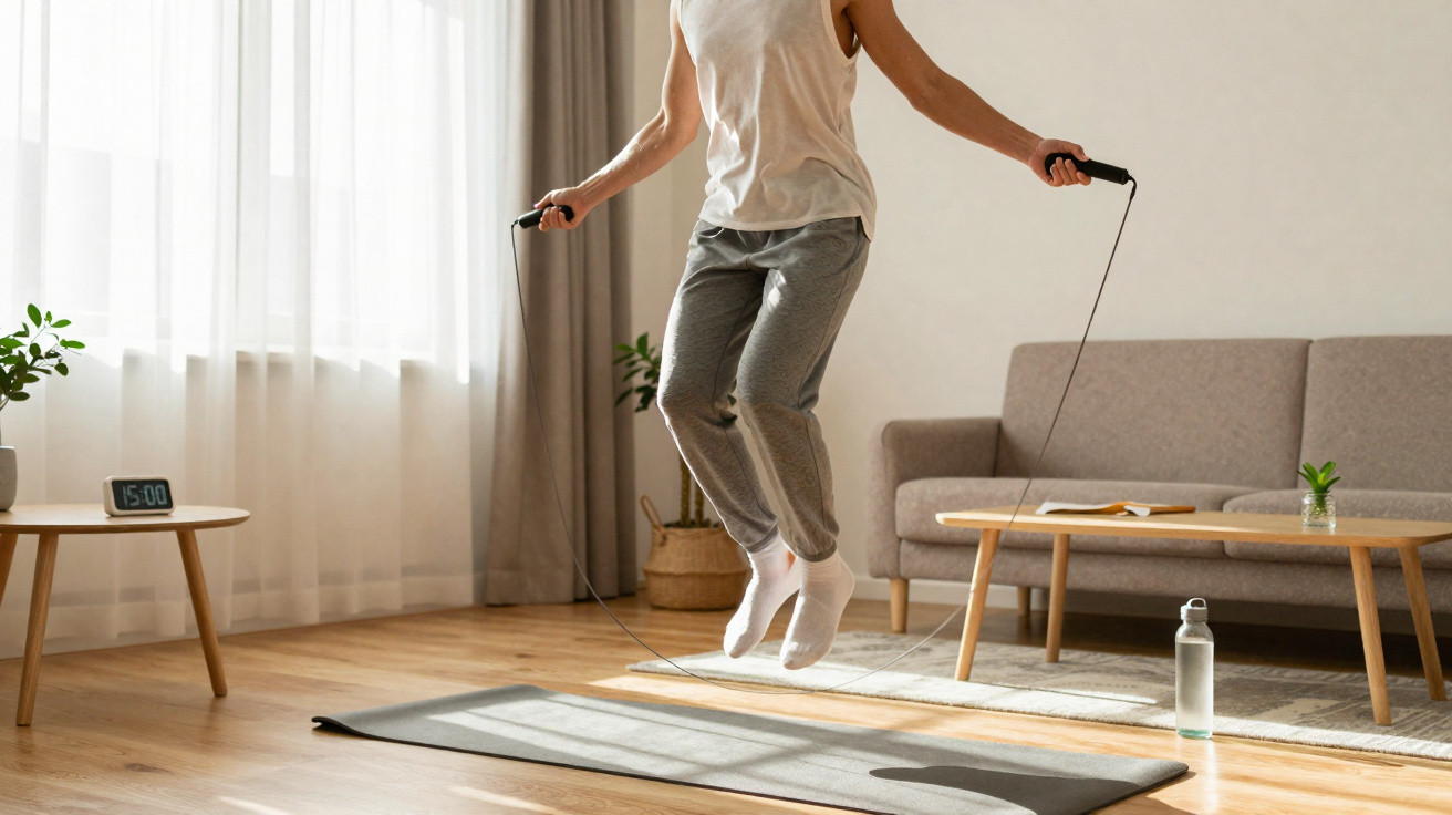 Person springt in Sportsocken mit Springseil auf einer Matte im gemütlichen Wohnzimmer bei Tageslicht.