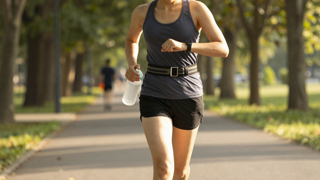 Frau joggt im Park mit Wasserflasche in der Hand und trägt Sportkleidung bei sonnigem Wetter.