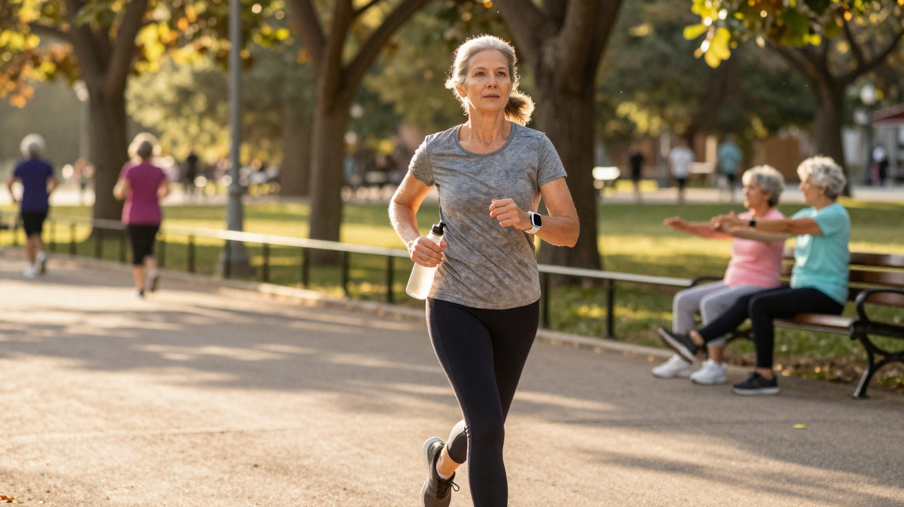 Ältere Frau joggt im Park, im Hintergrund sitzen zwei Frauen auf einer Bank und dehnen sich.