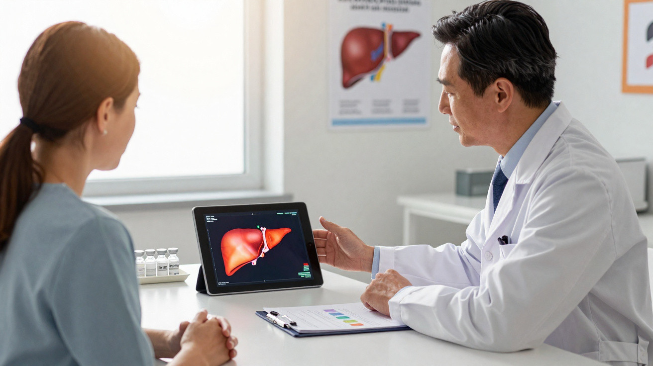 Arzt erklärt Patientin am Tablet eine 3D-Darstellung der menschlichen Leber im Behandlungszimmer.
