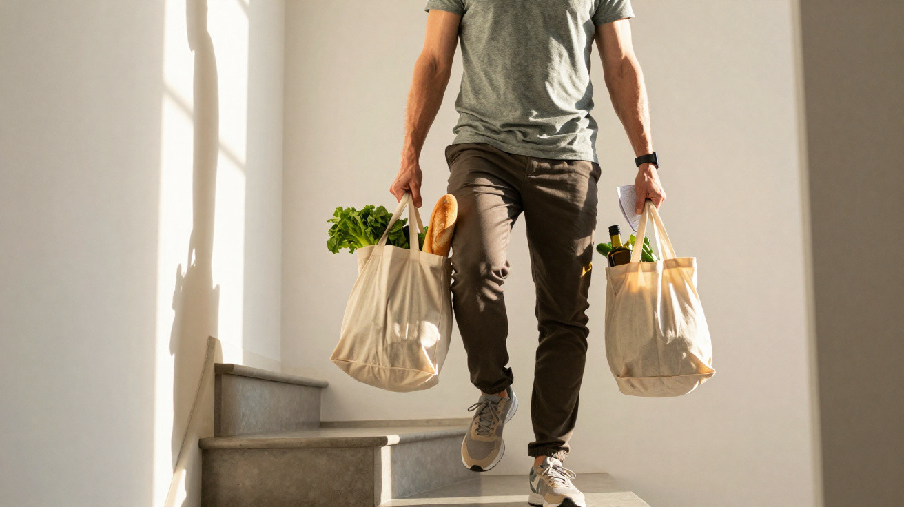 Person trägt Stofftaschen mit Lebensmitteln eine Treppe hinauf in hellem Innenraum.