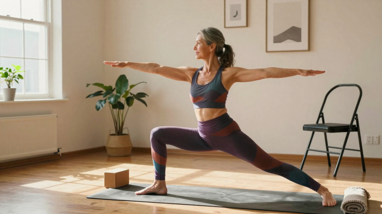 Ältere Frau in Sportkleidung macht Yoga im Krieger 2 Pose auf Matte in hellem Zimmer.