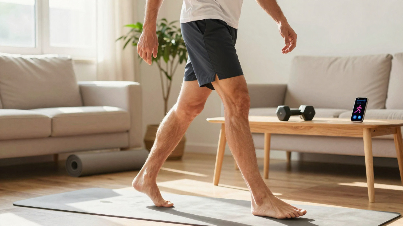 Mann in Sportkleidung macht Barfußübungen auf Yogamatte im Wohnzimmer mit Hanteln und Smartphone.