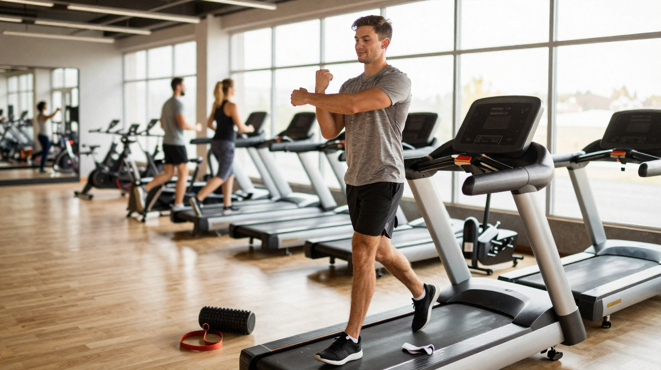 Mehrere Personen trainieren auf Laufbändern in einem hellen Fitnessstudio mit großen Fenstern.