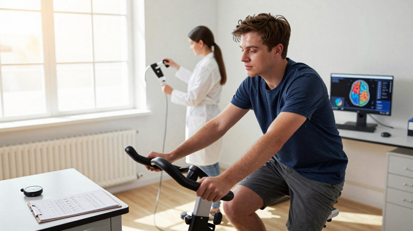 Junger Mann auf Ergometer, während eine Frau in Laborrobe ein EEG-Gerät vorbereitet.