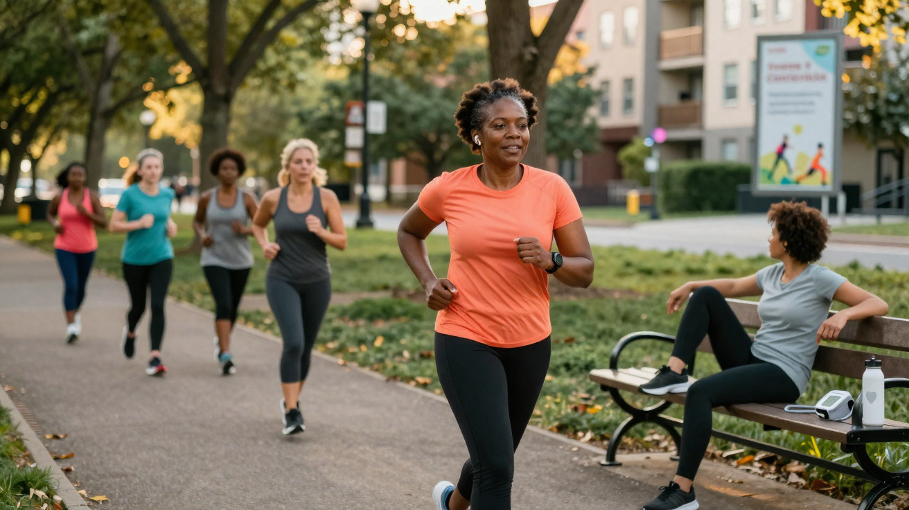 Gruppe von Frauen unterschiedlichen Alters joggt gemeinsam auf einem Parkweg bei spätem Tageslicht.