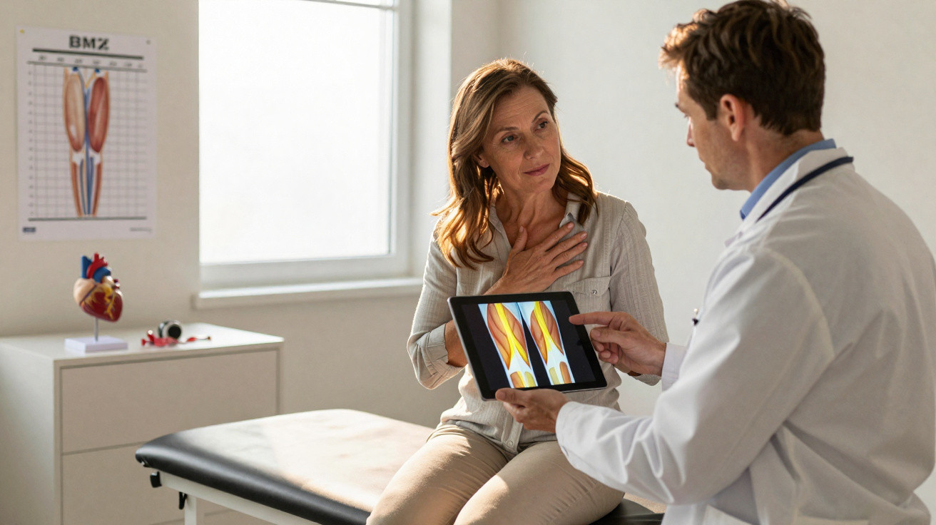Ärztin erklärt Patientin am Tablet Muskelstruktur während der Untersuchung im Behandlungszimmer.