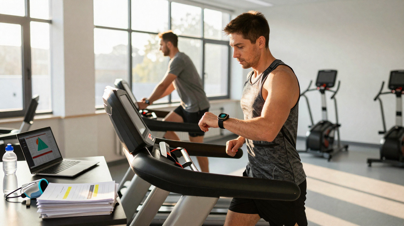 Mann auf Laufband im Fitnessstudio, im Hintergrund ein weiterer Mann auf dem Fahrrad-Ergometer.