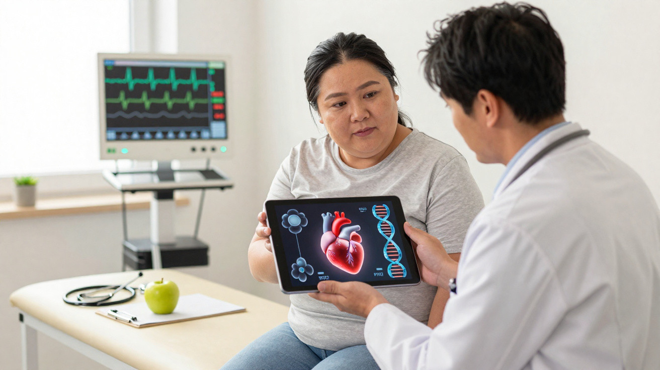 Ärztin erklärt einer Patientin anhand eines Tablets mit Herz- und DNA-Grafiken eine medizinische Diagnose.