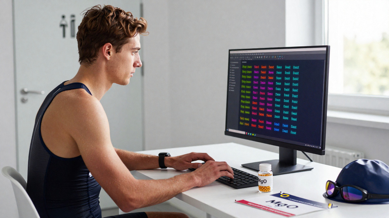 Junger Mann in Sportoutfit arbeitet am Computer mit farbiger Programmieroberfläche im Büro.