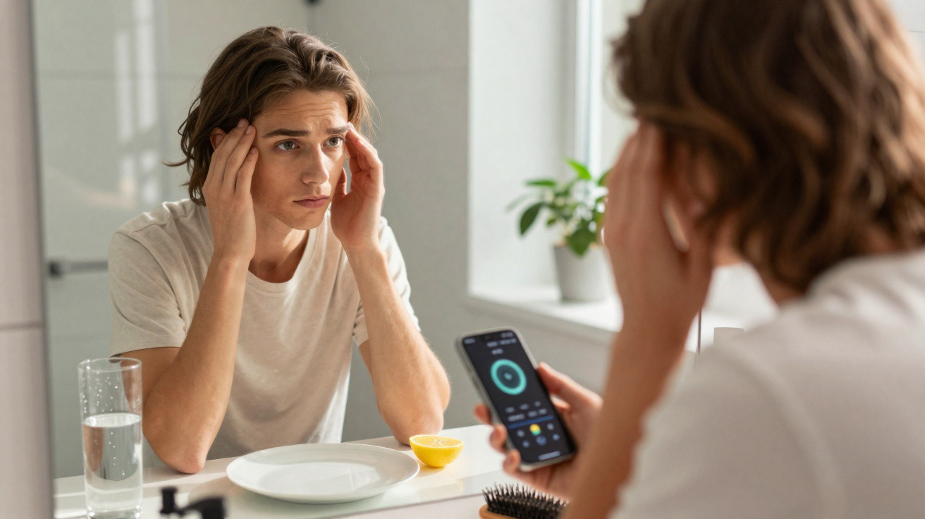 Junger Mann mit besorgtem Blick hält sich vor dem Spiegel den Kopf und schaut auf sein Smartphone.
