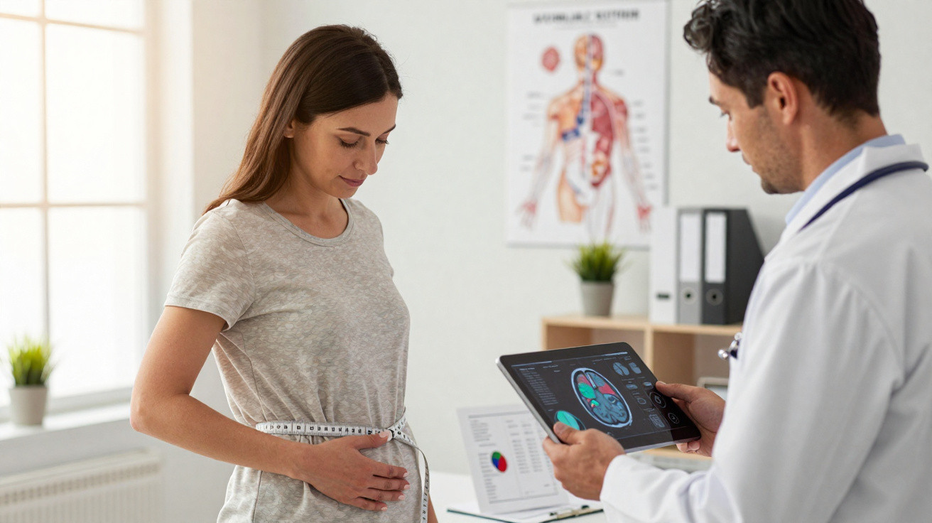 Frau misst ihren Taillenumfang, Arzt zeigt Gehirn-Scan auf Tablet in heller Praxis mit medizinischen Postern.