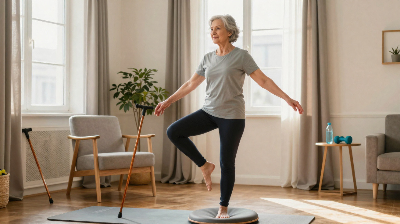 Ältere Frau balanciert auf einem Wackelkissen im Wohnzimmer, neben einem Stock und Fitnessgeräten.
