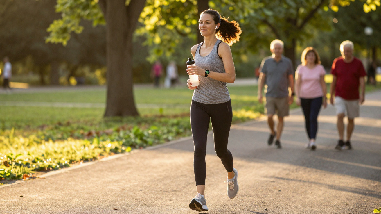 Frau joggt mit Trinkflasche auf Parkweg, im Hintergrund drei Personen beim Spaziergang.