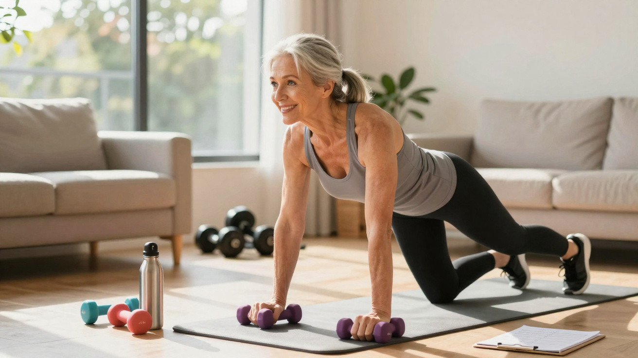 Ältere Frau trainiert mit Kurzhanteln auf Yogamatte in hellem Wohnzimmer, umgeben von Fitnessgeräten.