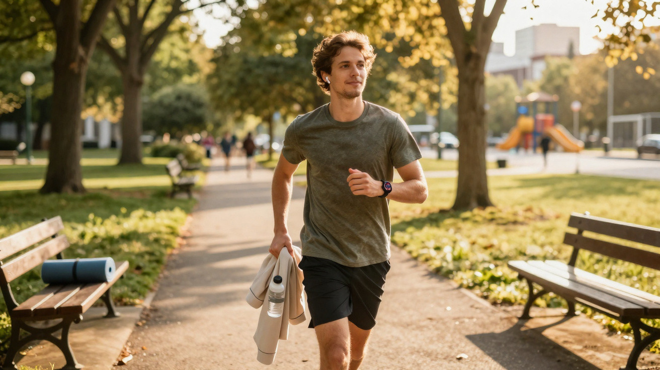 Junger Mann joggt im Park bei Sonnenlicht, trägt Sportkleidung und hält Wasserflasche und Jacke in der Hand.