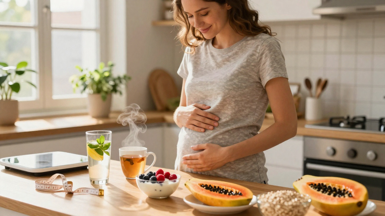 Schwangere Frau hält den Bauch in der Küche mit gesunden Früchten, Tee und Wasser auf dem Tisch.