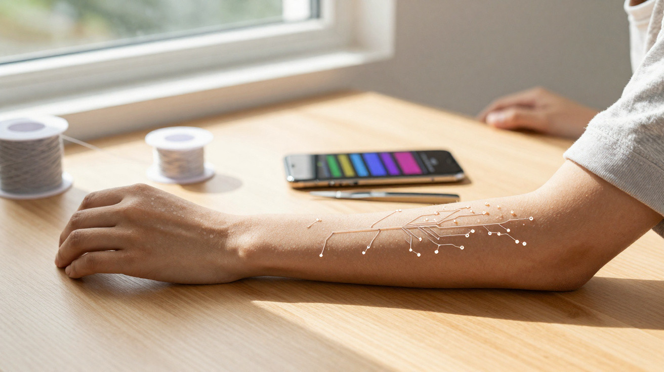 Arm mit leuchtendem, schematischem Nervennetz auf dem Unterarm, neben Handy und Garnrollen auf Holztisch.