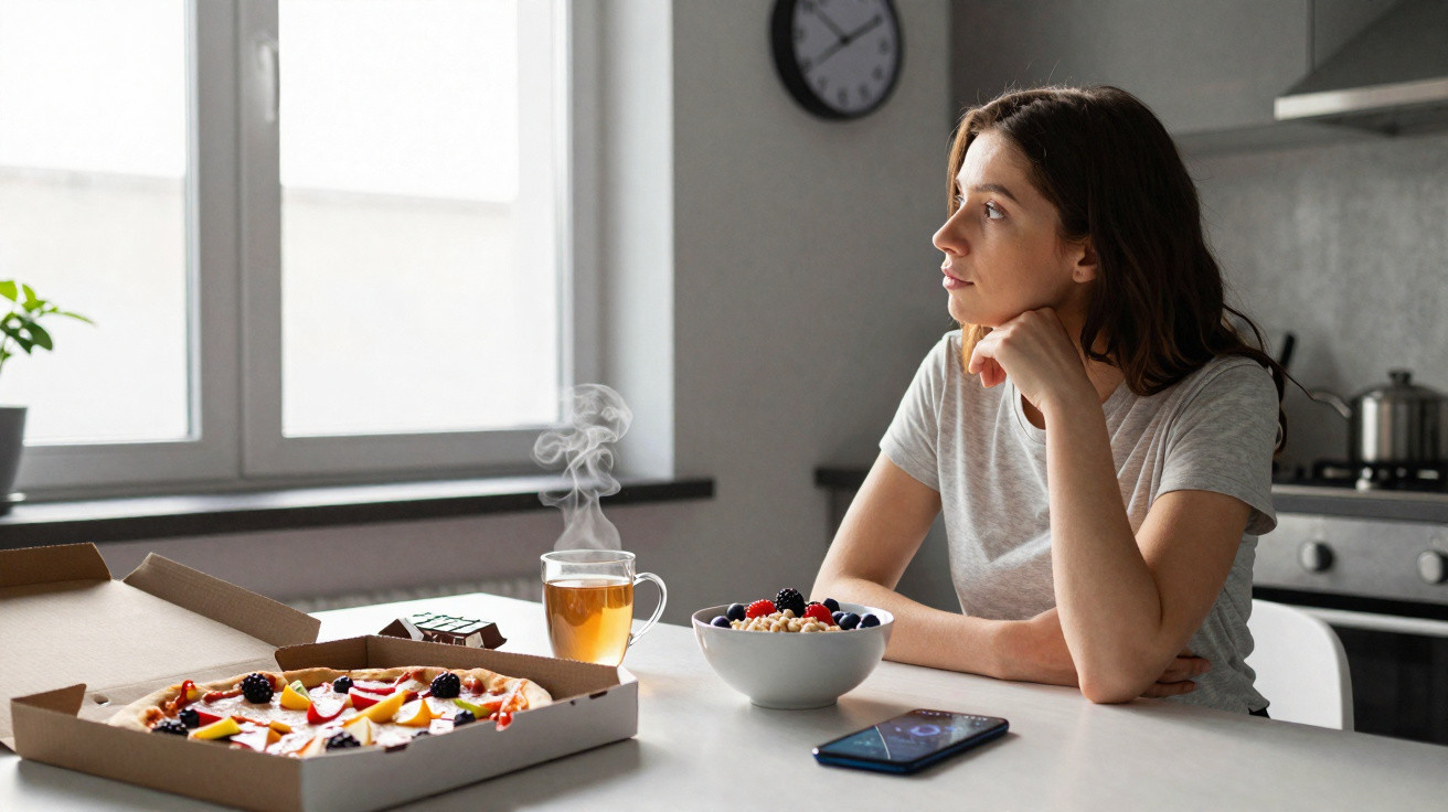 Frau sitzt nachdenklich am Küchentisch mit Pizza, einer Schale Obst und heißem Tee bei Tageslicht.