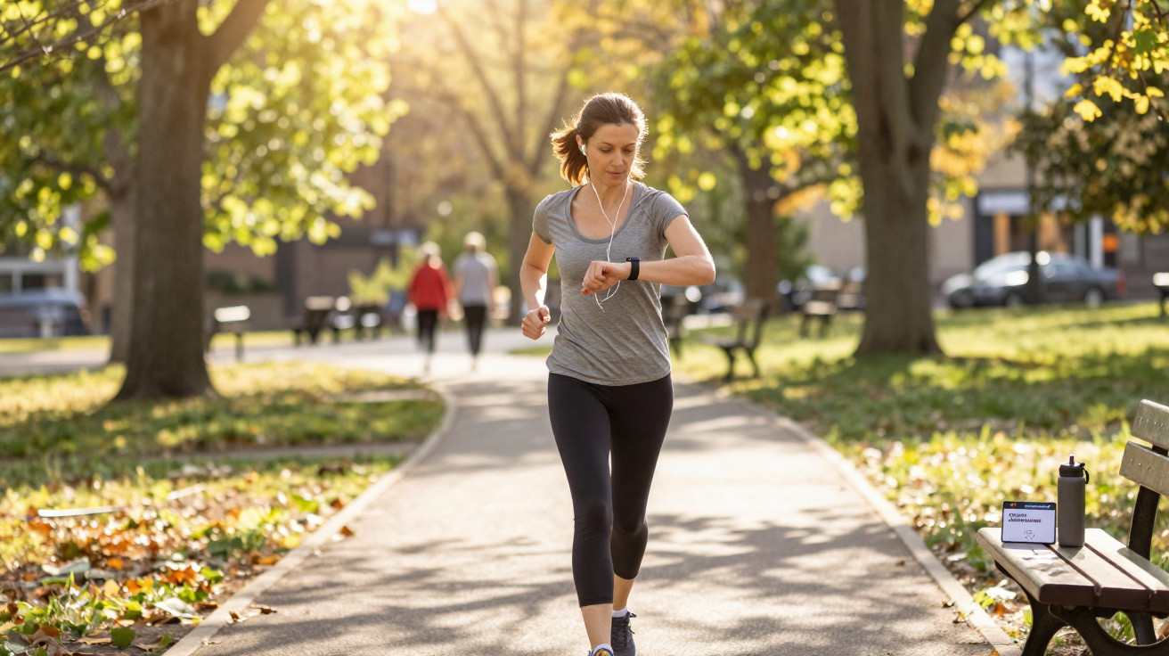 Frau joggt in Sportkleidung durch sonnigen Park und schaut auf ihre Fitnessuhr am Handgelenk.