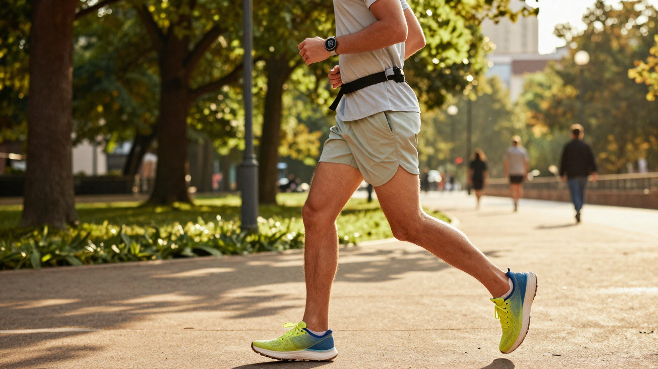 Mann joggt in kurzen Hosen und Laufschuhen auf einem sonnigen Parkweg mit Bäumen im Hintergrund.
