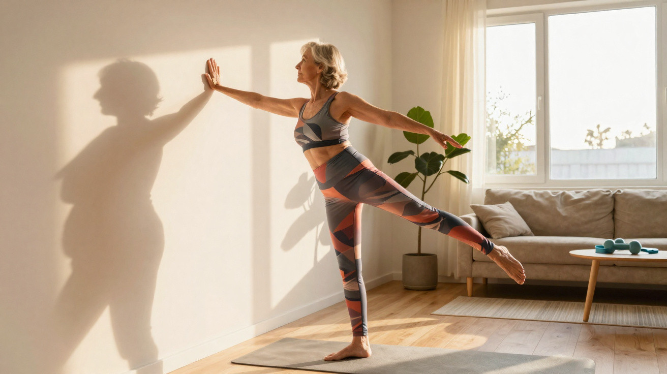 Ältere Frau macht Yogaübung im Wohnzimmer, Balanced Haltung auf einem Bein mit ausgestrecktem Arm.