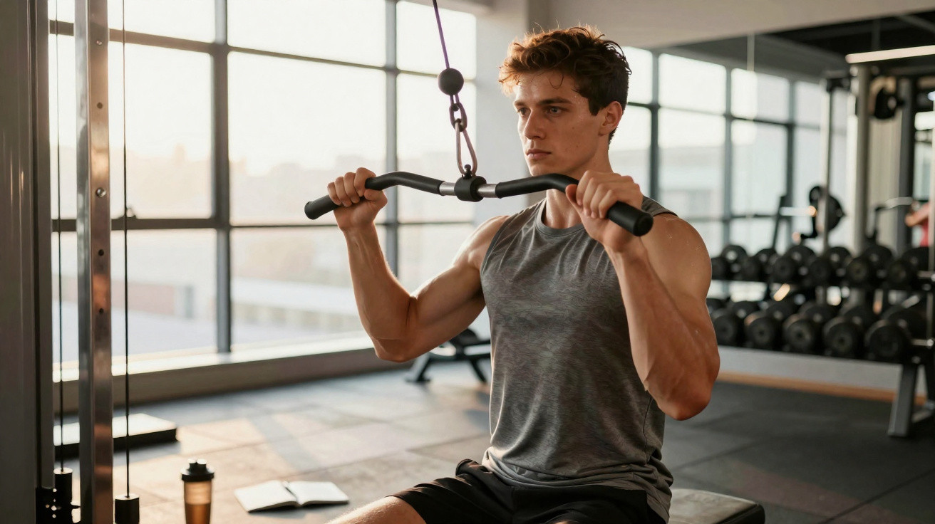 Junger Mann trainiert Latissimus an einem Kabelzug im hellen Fitnessstudio.