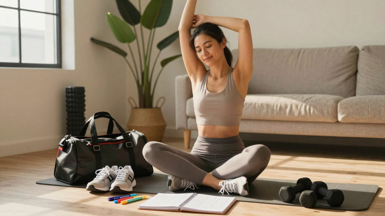 Frau beim Dehnen in Sportkleidung auf Yoga-Matte, umgeben von Sporttasche, Hanteln und Notizbuch im Wohnzimmer.