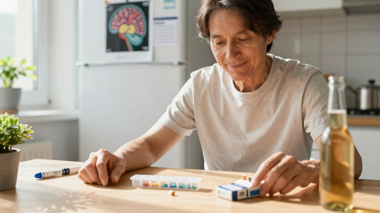 Älterer Mann in T-Shirt sitzt am Tisch und nimmt Medikamente aus einem Pillendöschen in einer hellen Küche.