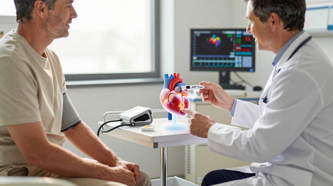 Arzt erklärt Patient mit Herzmodell und Blutdruckmessgerät Herzgesundheit im Behandlungszimmer.