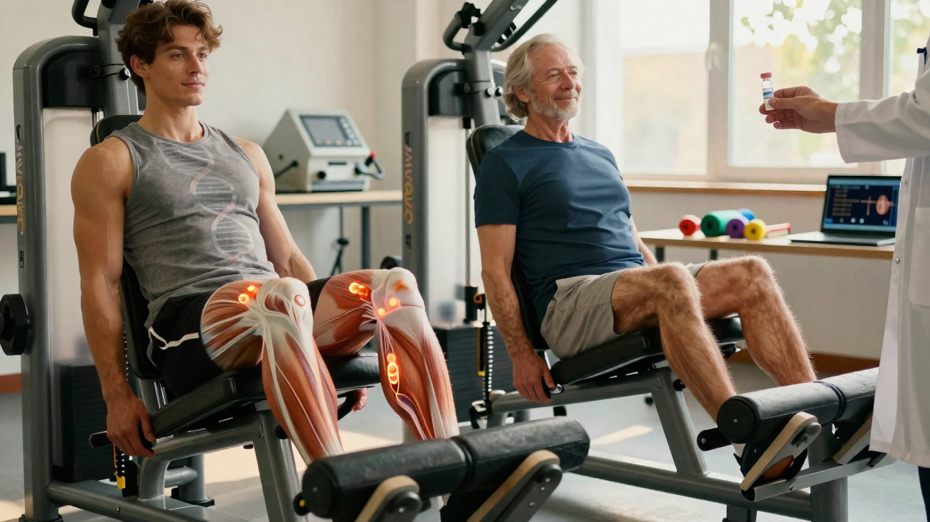 Junger und älterer Mann trainieren Beine an Fitnessgeräten, mit Einblendung der Muskelstruktur beim Jüngeren.