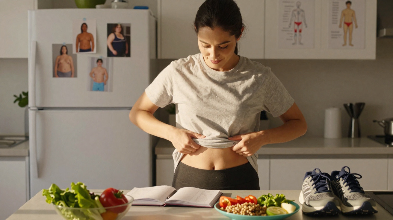 Frau im T-Shirt hebt es an und schaut auf ihren Bauch in einer Küche mit gesunden Lebensmitteln.