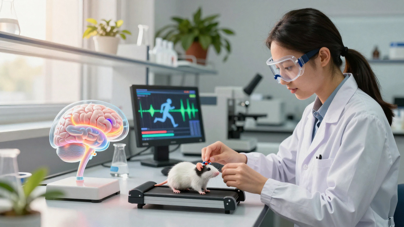 Wissenschaftlerin testet Gehirnaktivität einer Laborratte auf einem Mini-Laufband im hellen Labor.