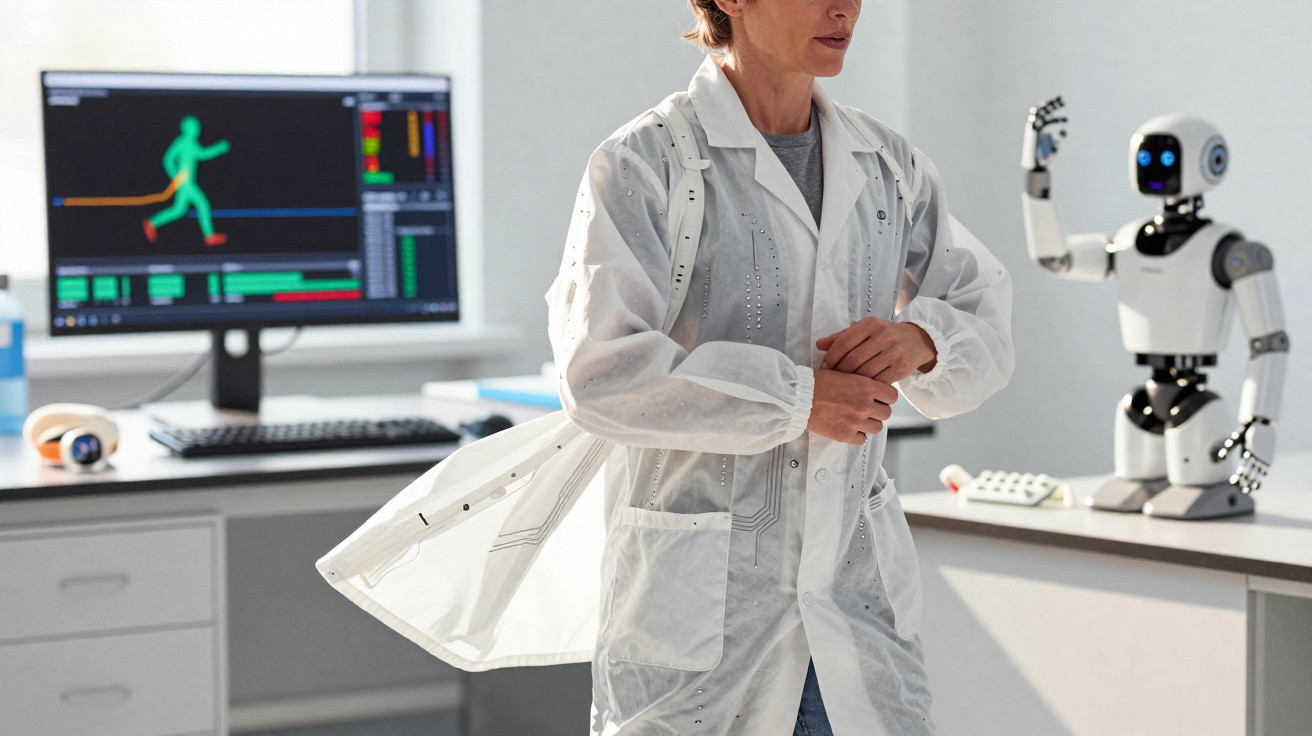 Frau im Labor mit Roboter und Bewegungsanalyse auf Monitor im Hintergrund.