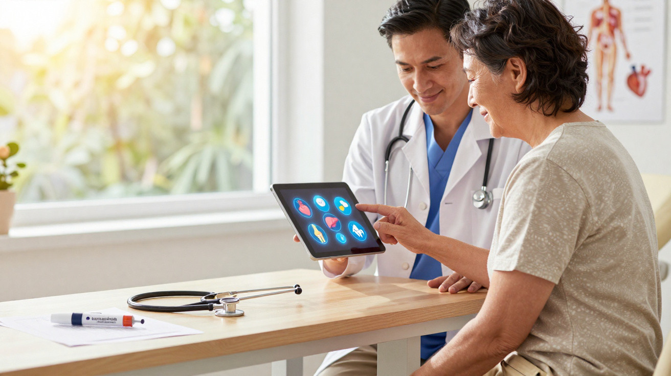 Arzt erklärt älterer Patientin auf Tablet medizinische Symbole in heller Praxis mit Fenster im Hintergrund.