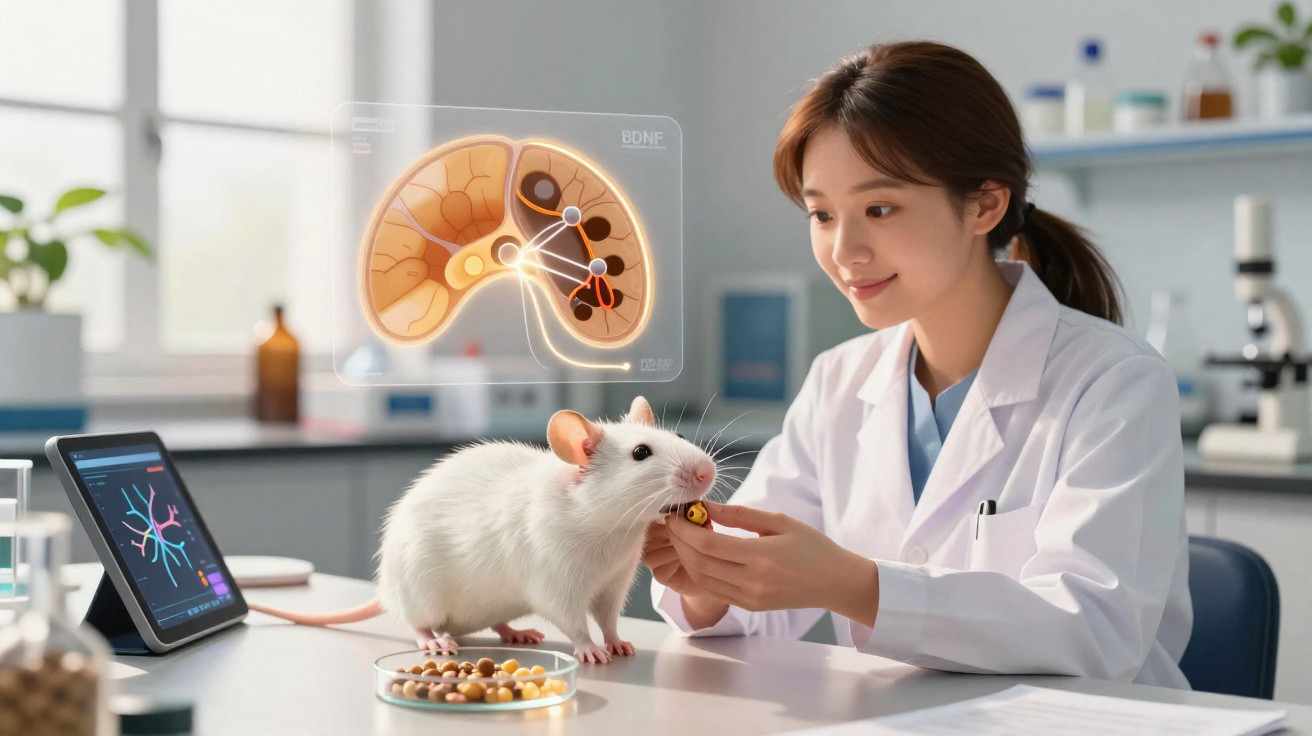 Wissenschaftlerin füttert Labormaus in Forschungslabor mit digitalen Organ- und Gehirndarstellungen im Hintergrund.