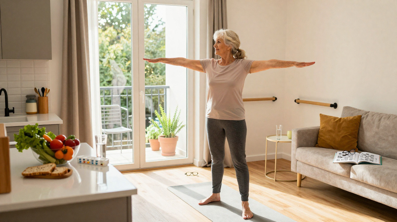 Ältere Frau macht Yoga mit ausgestreckten Armen auf Matte im hellen Wohnzimmer vor Terrassentür.
