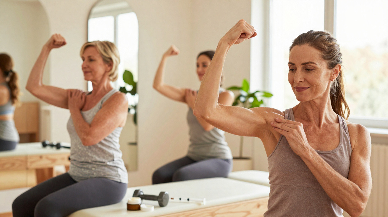 Drei Frauen unterschiedlichen Alters zeigen im Fitnessstudio ihre gestärkten Oberarme vor einem Spiegel.