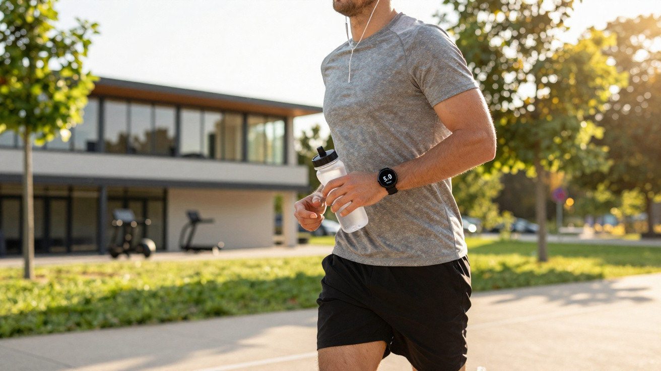 Mann joggt im Freien mit Trinkflasche und Sportuhr bei sonnigem Wetter in einem Park nahe einem Gebäude.