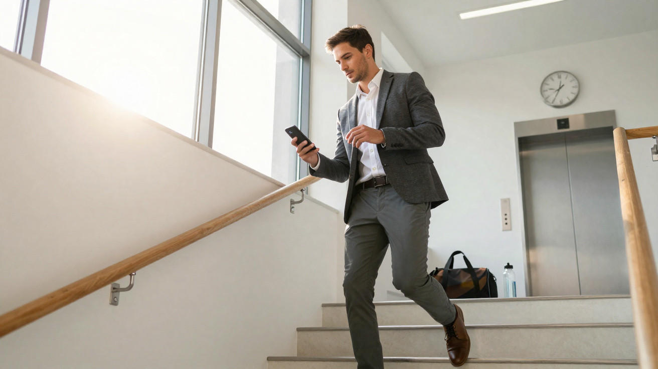 Geschäftsmann geht eine Treppe hinunter und blickt auf sein Smartphone in einem Bürogebäude.