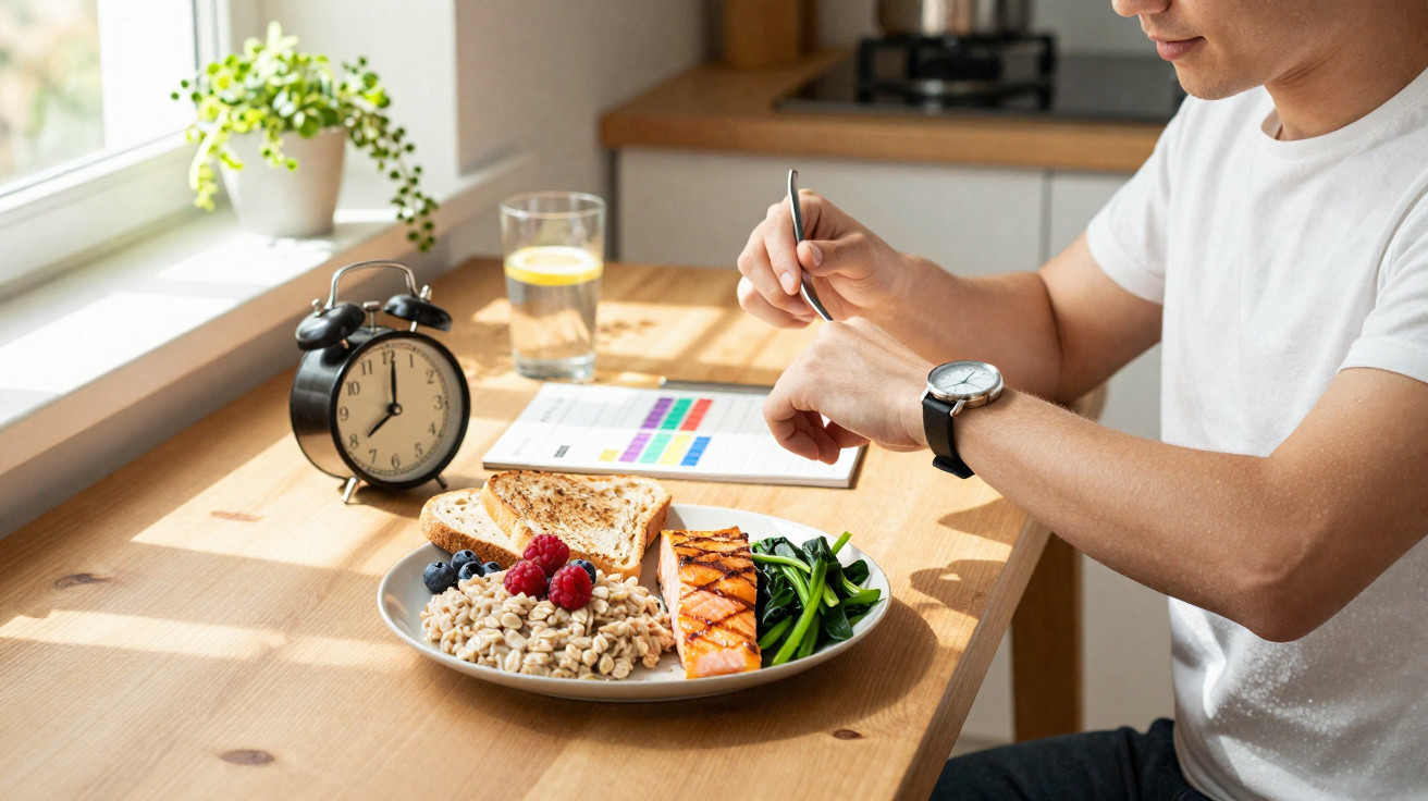 Mann schaut auf Armbanduhr am Frühstückstisch mit Lachs, Haferbrei, Toast und Obst, Wecker und Glas Wasser.