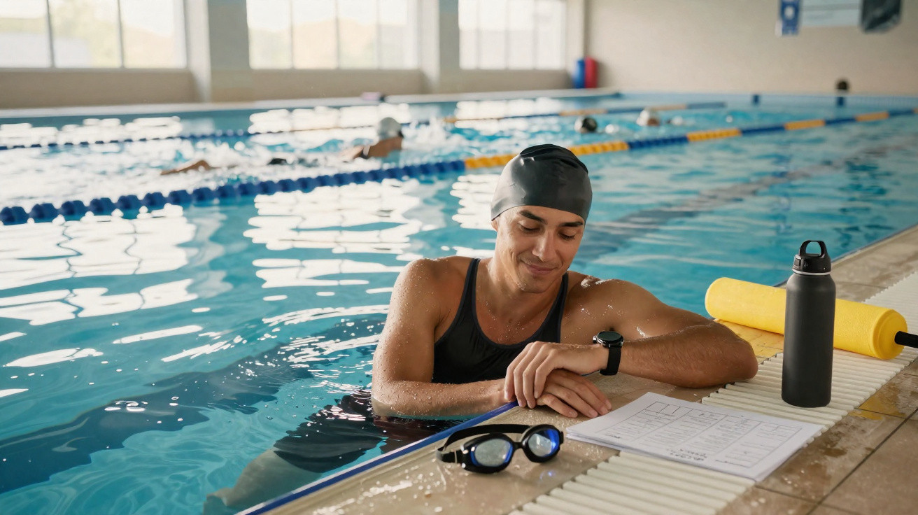 Schwimmerin mit Schwimmkappe im Hallenbad am Beckenrand, blickt auf Trainingsplan und Fitnessuhr.