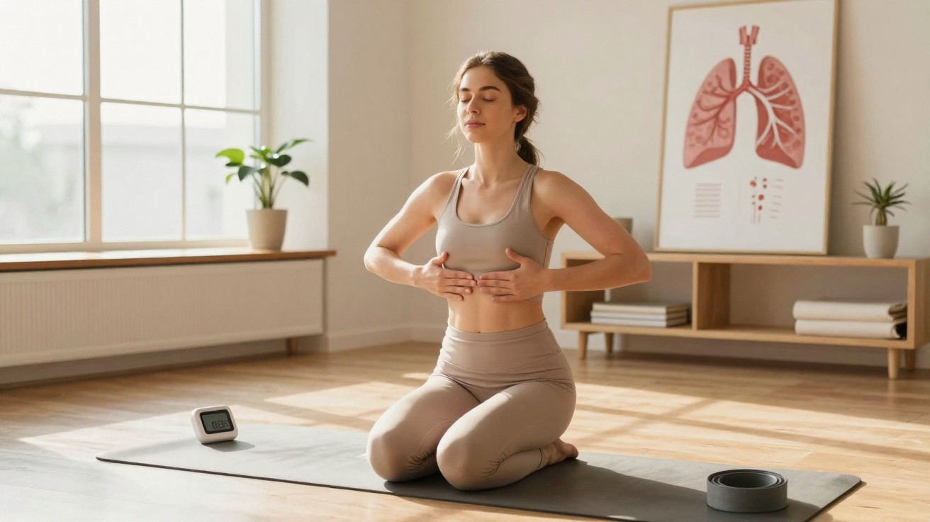 Frau meditiert auf Yogamatte in hellem Raum mit Poster der Lunge im Hintergrund.